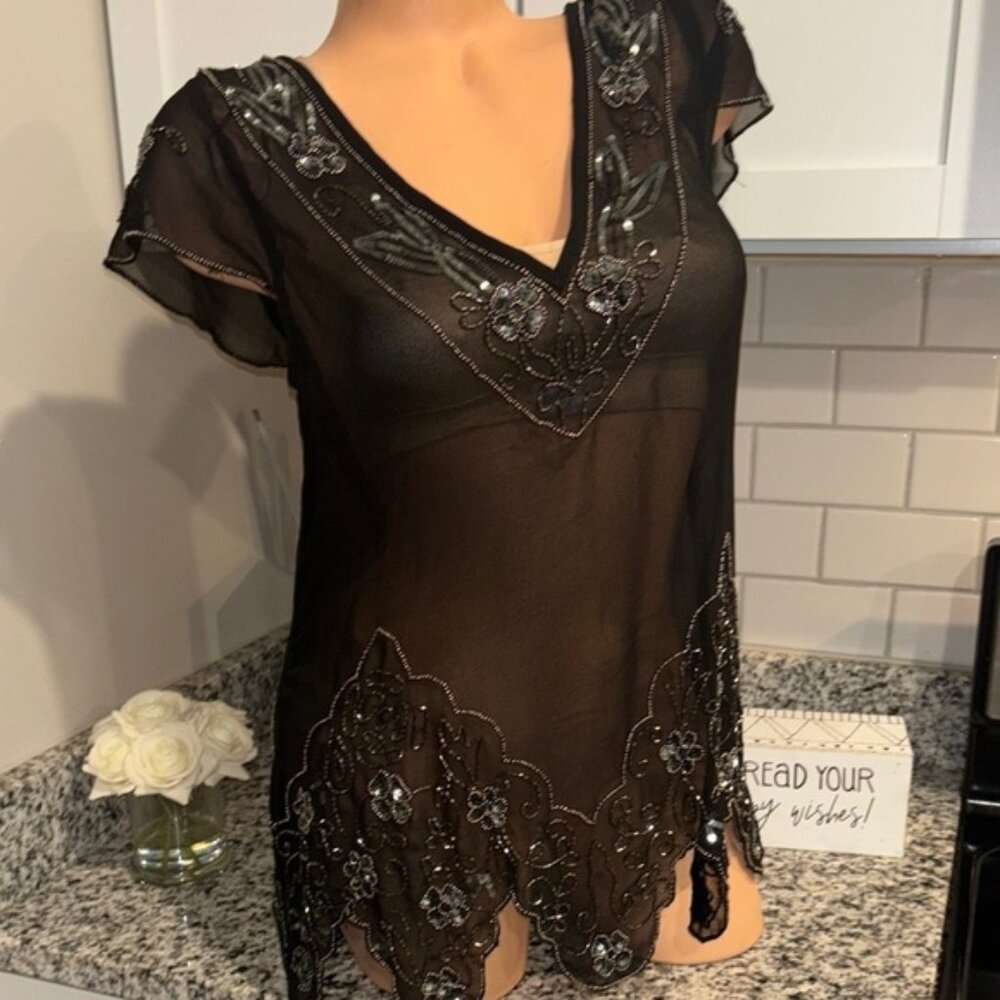 BKE Boutique Black Sheer Embroidered beaded Blouse
